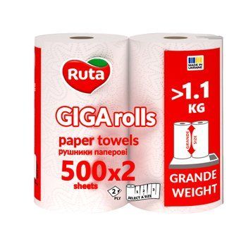 Паперові рушники Ruta Giga Rolls 2 шари, 2 рулони, білі VM-101-015 фото