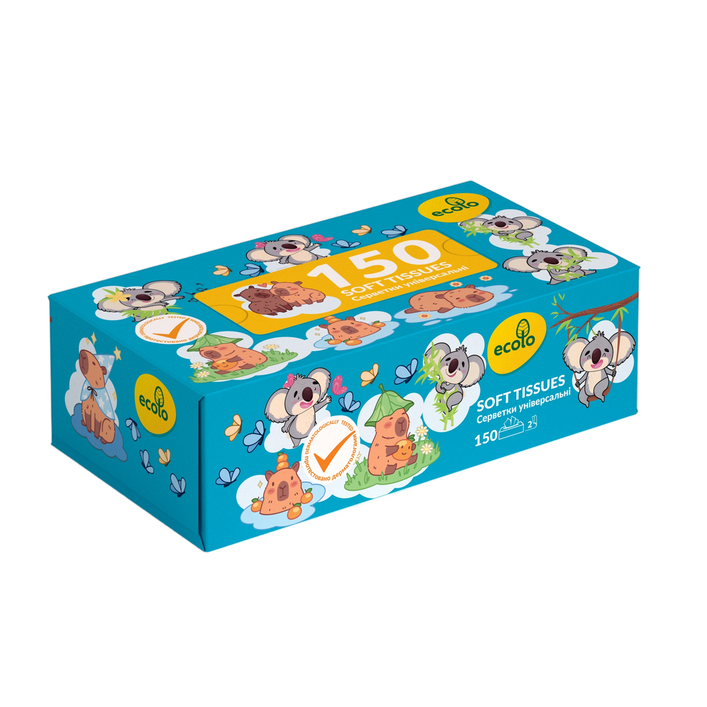 Серветки косметичні Ecolo Kids 2 шари, 150 листів, білі, пенал VM-103-008 фото